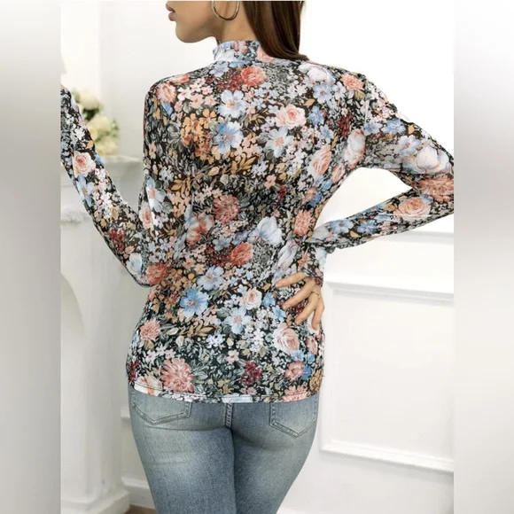 Black Sheer Lace Floral Mock Neck Mesh, Long Sleeve Floral Top - Picture 4 of 5